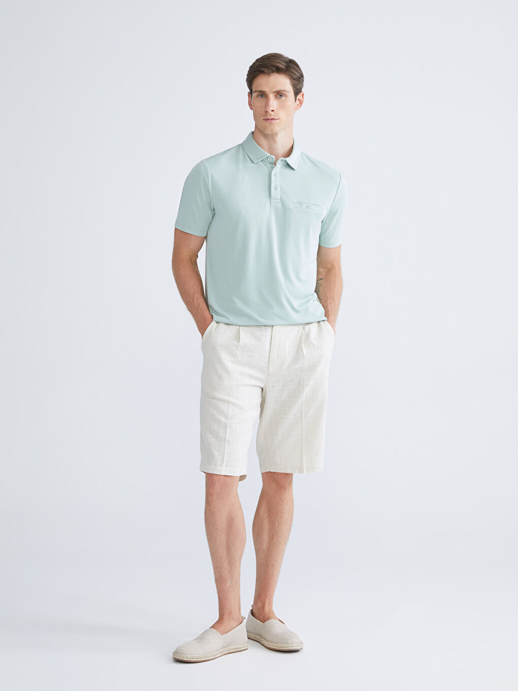 Yeşil Polo Yaka Merserize Görünümlü Erkek Tişört-1