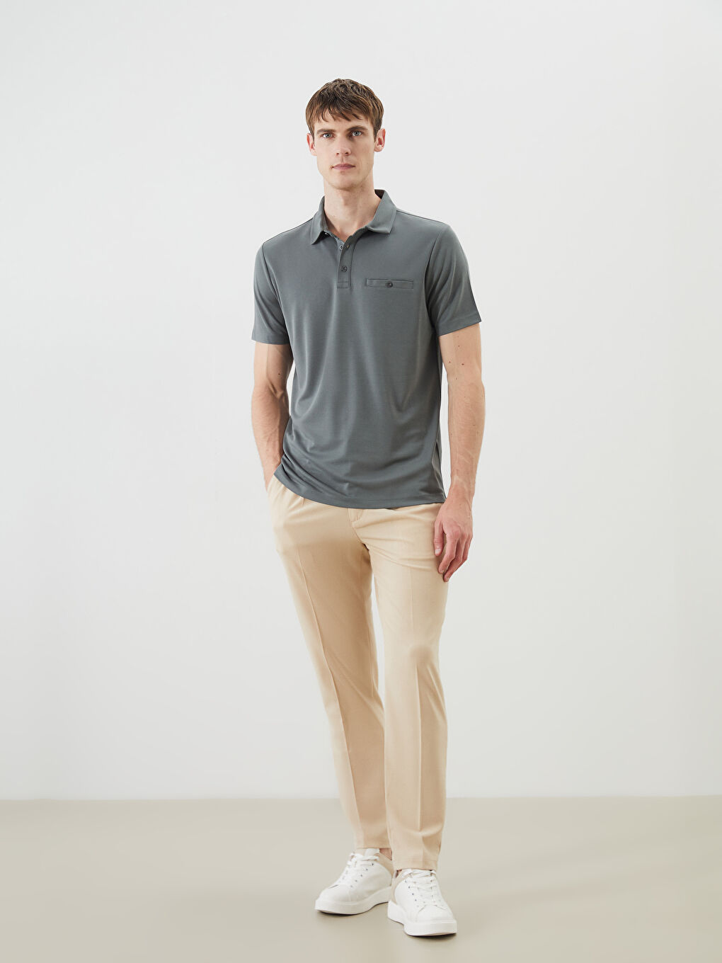 Haki Polo Yaka Merserize Görünümlü Erkek Tişört-1