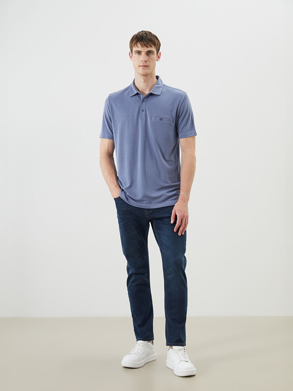 İndigo Polo Yaka Merserize Görünümlü Erkek Tişört-1