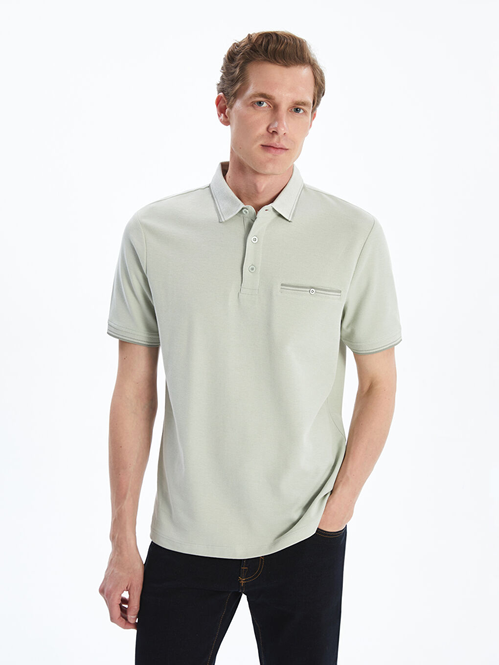 Yeşil Polo Yaka Merserize Görünümlü Erkek Tişört