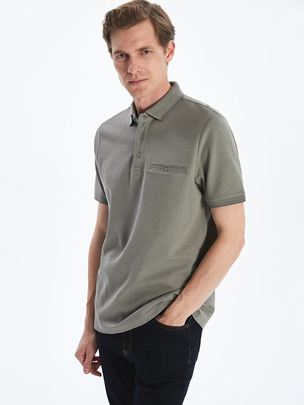 Gri Polo Yaka Merserize Görünümlü Erkek Tişört