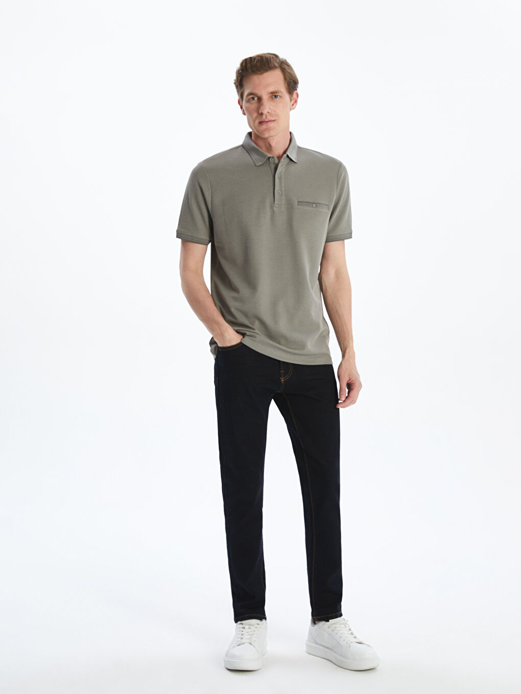 Gri Polo Yaka Merserize Görünümlü Erkek Tişört-1