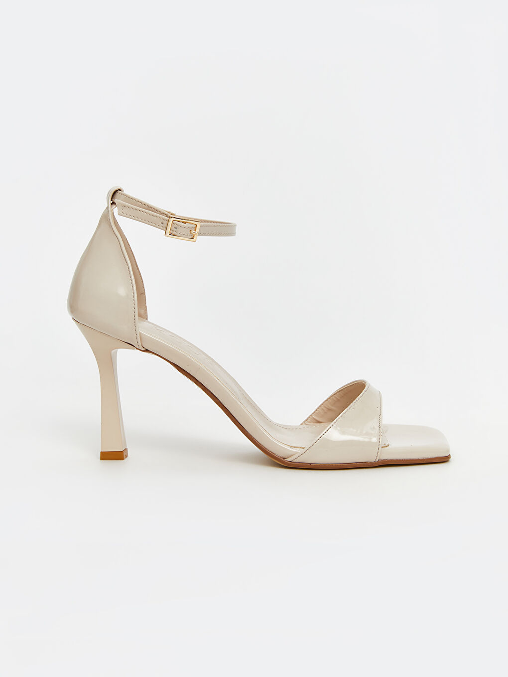 Bej Tek Bantlı Bilekten Bağlamalı Kadın Topuklu Ayakkabı-1