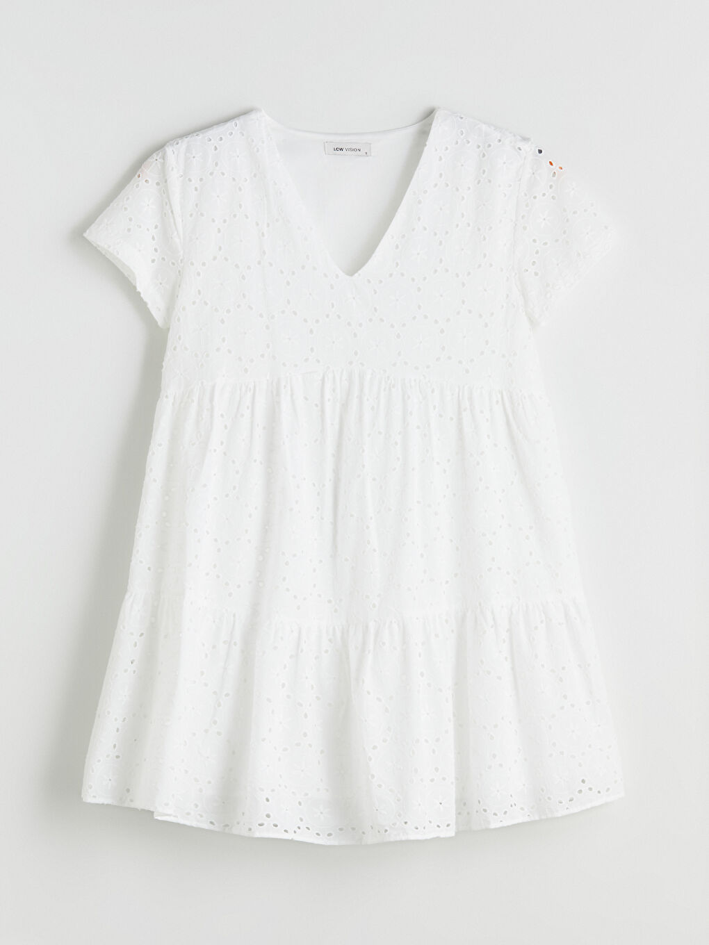 Beyaz V Yaka Ajurlu Katkat Büzgülü Brode Elbise-4