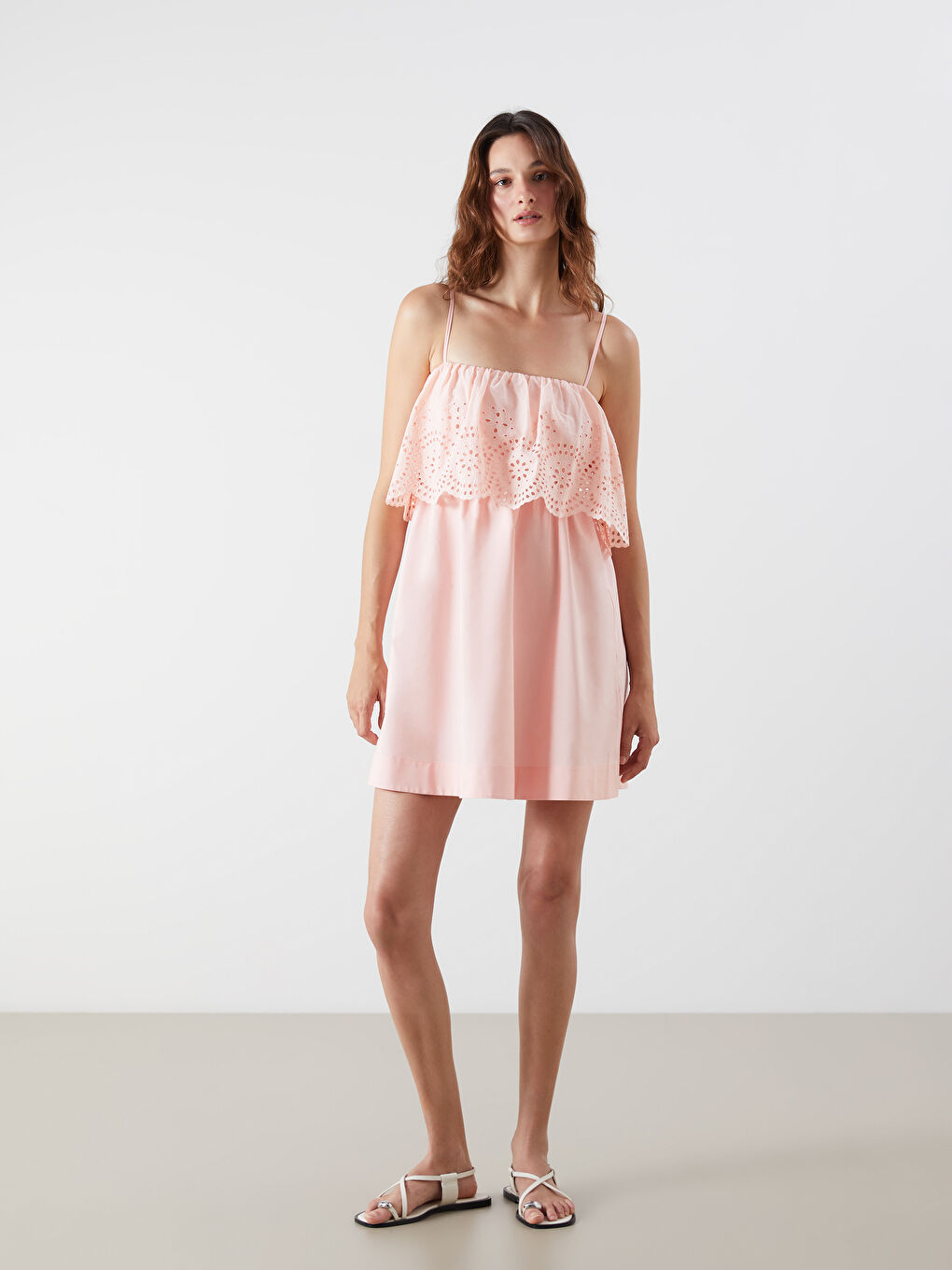 Pembe Kare Yaka Fırfırlı Poplin Mini Elbise-1