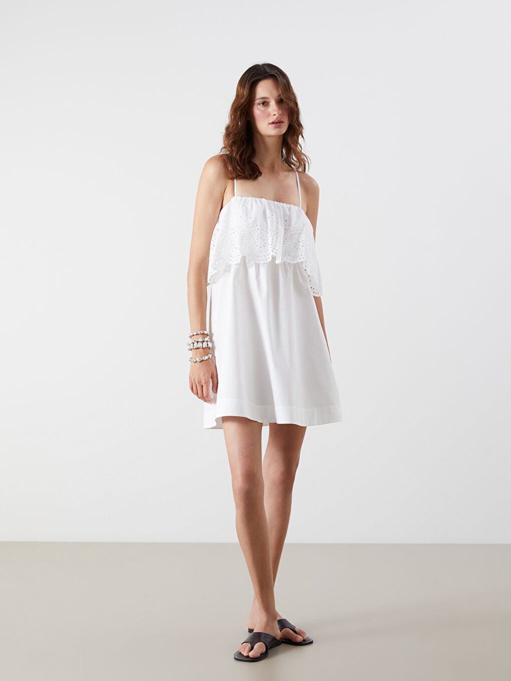 Square Collar Frilled Poplin Mini Dress-1