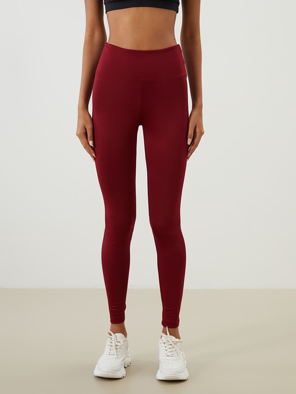 Bordo Beli Lastikli Kadın Spor Tayt-1