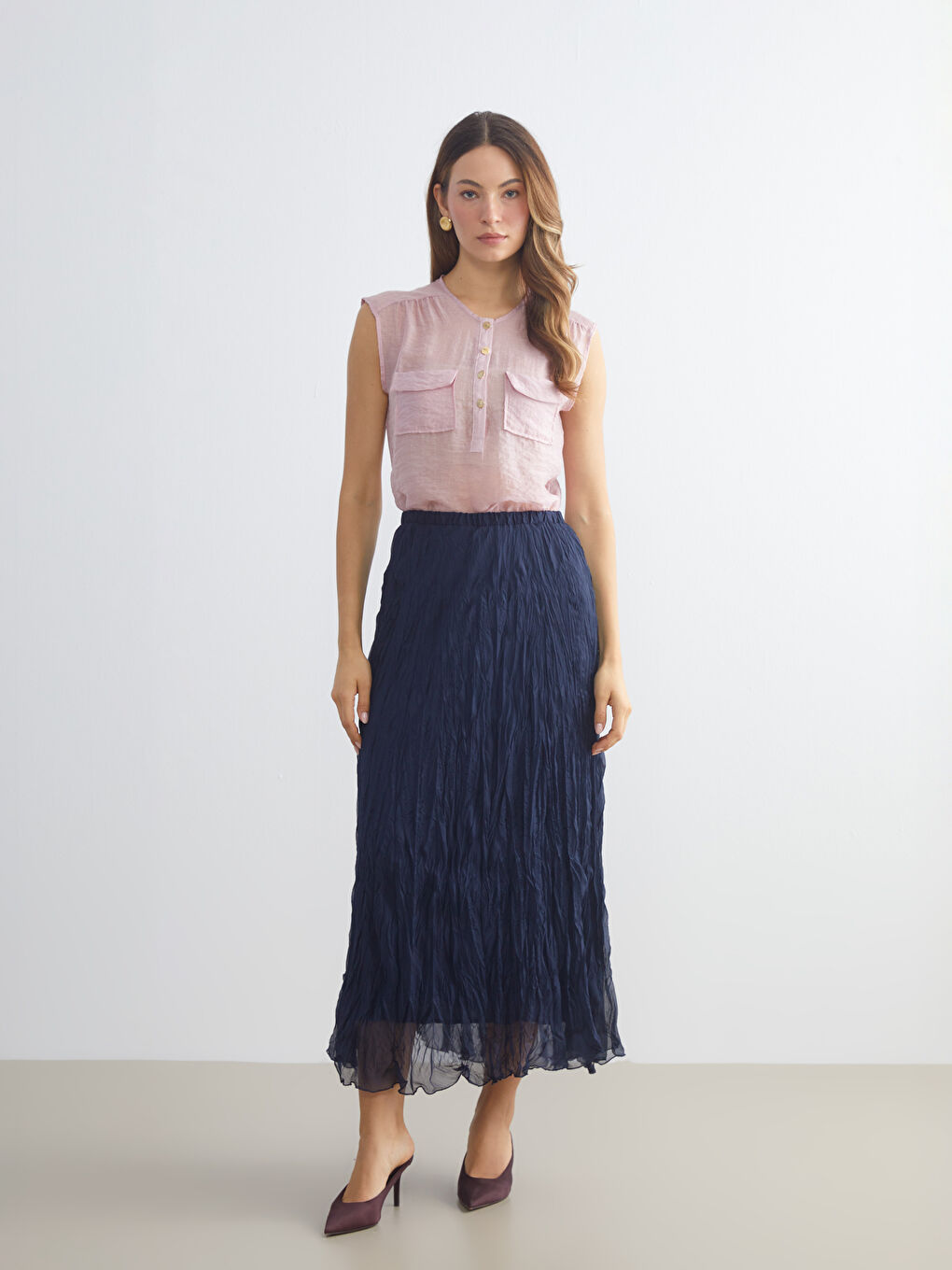 Lacivert Beli Lastikli Pileli Etek