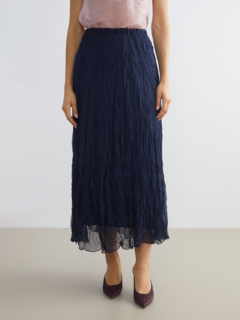 Lacivert Beli Lastikli Pileli Etek-1