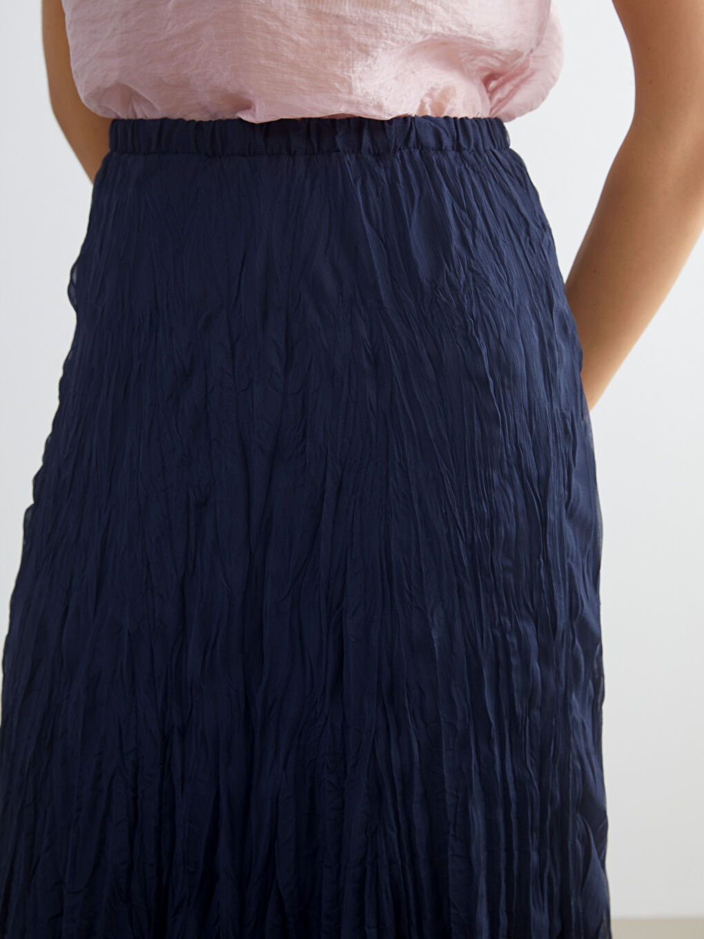 Lacivert Beli Lastikli Pileli Etek-2