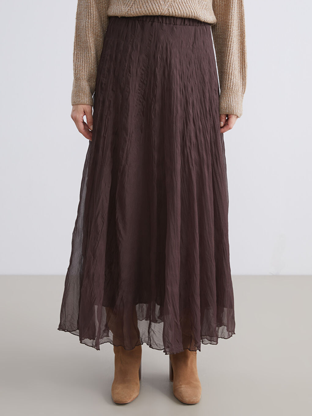 Kahverengi Beli Lastikli Pileli Etek-1