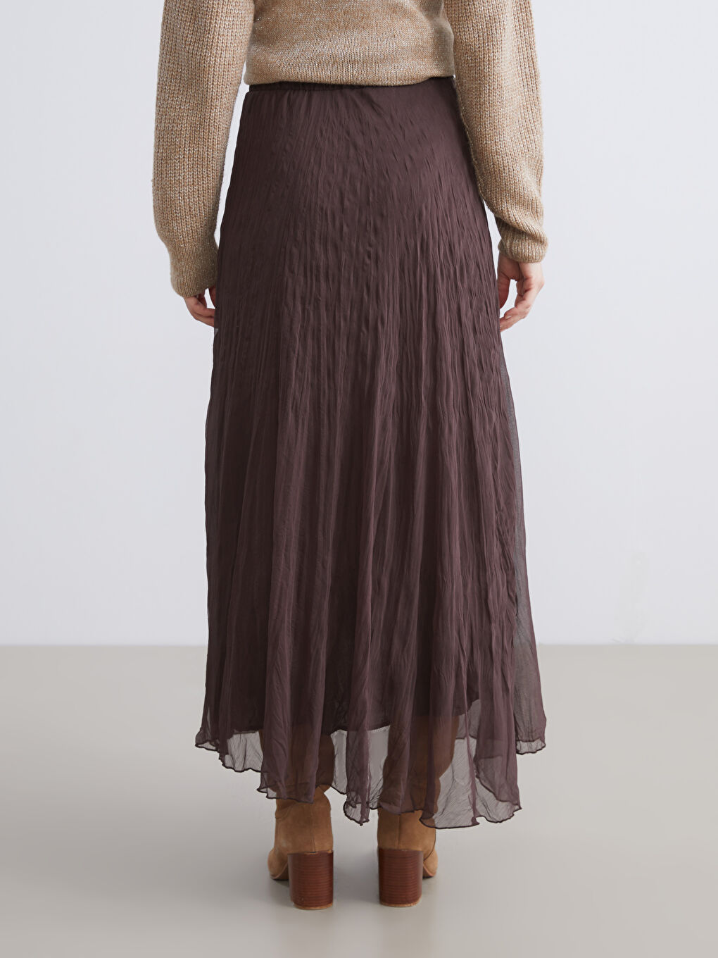 Kahverengi Beli Lastikli Pileli Etek-3