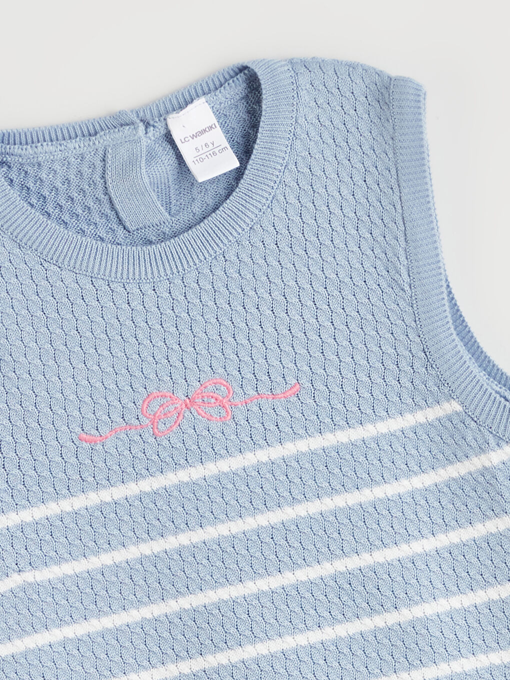 Mavi Kurdele Detaylı Çizgili Kız Çocuk Süveter-1