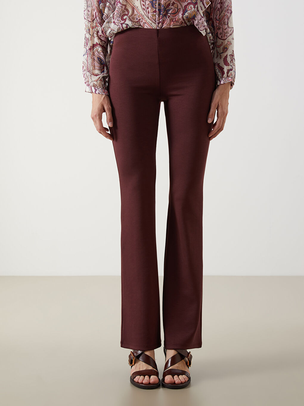 Bordo Beli Lastikli Kadın Tayt Pantolon-1