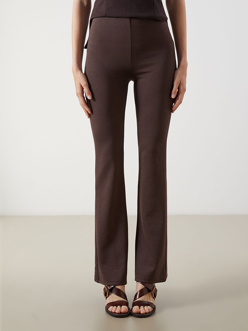 Kahverengi Beli Lastikli Kadın Tayt Pantolon-1