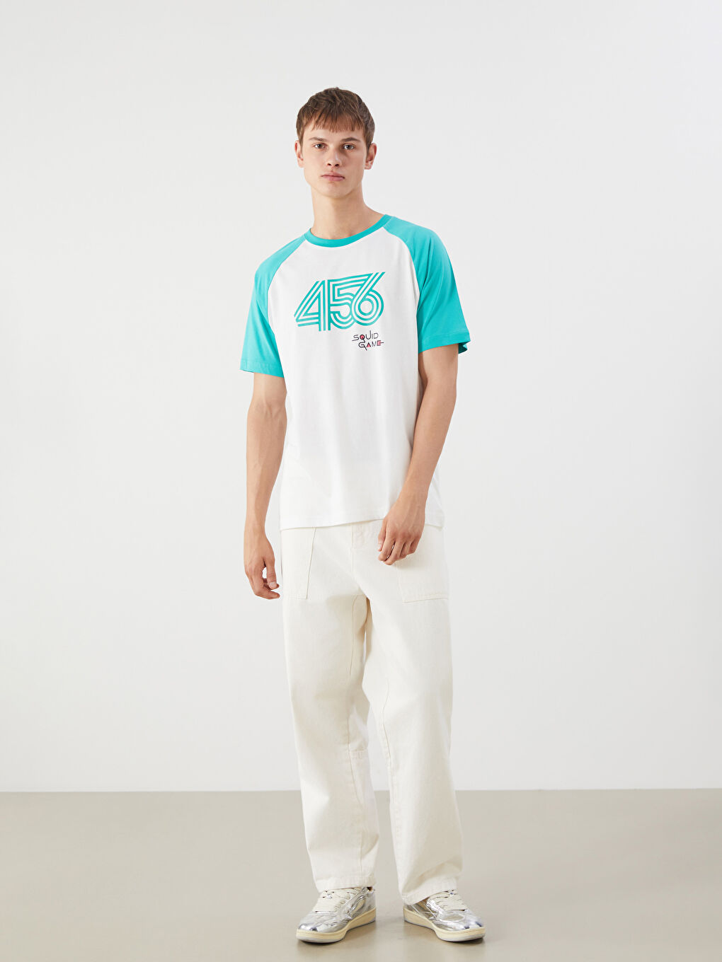 Ekru Bisiklet Yaka Squid Game Baskılı Penye Erkek Tişört-1