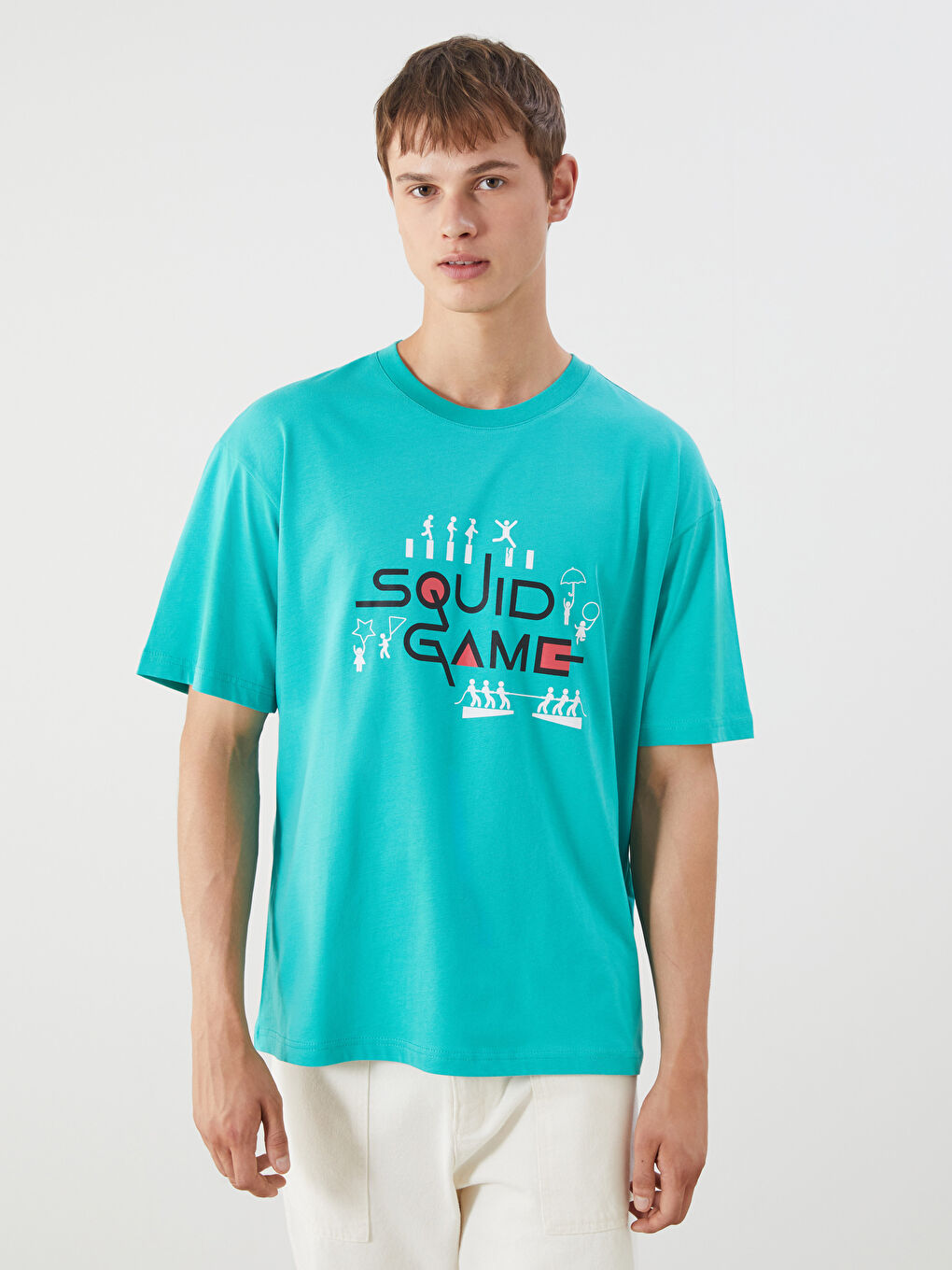 Yeşil Bisiklet Yaka Squid Game Baskılı Penye Erkek Tişört