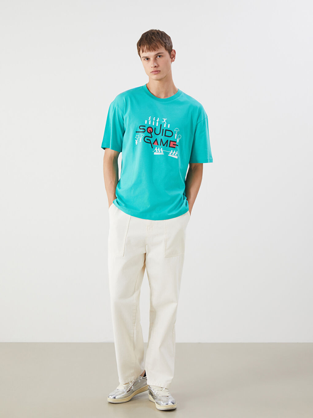 Yeşil Bisiklet Yaka Squid Game Baskılı Penye Erkek Tişört-1