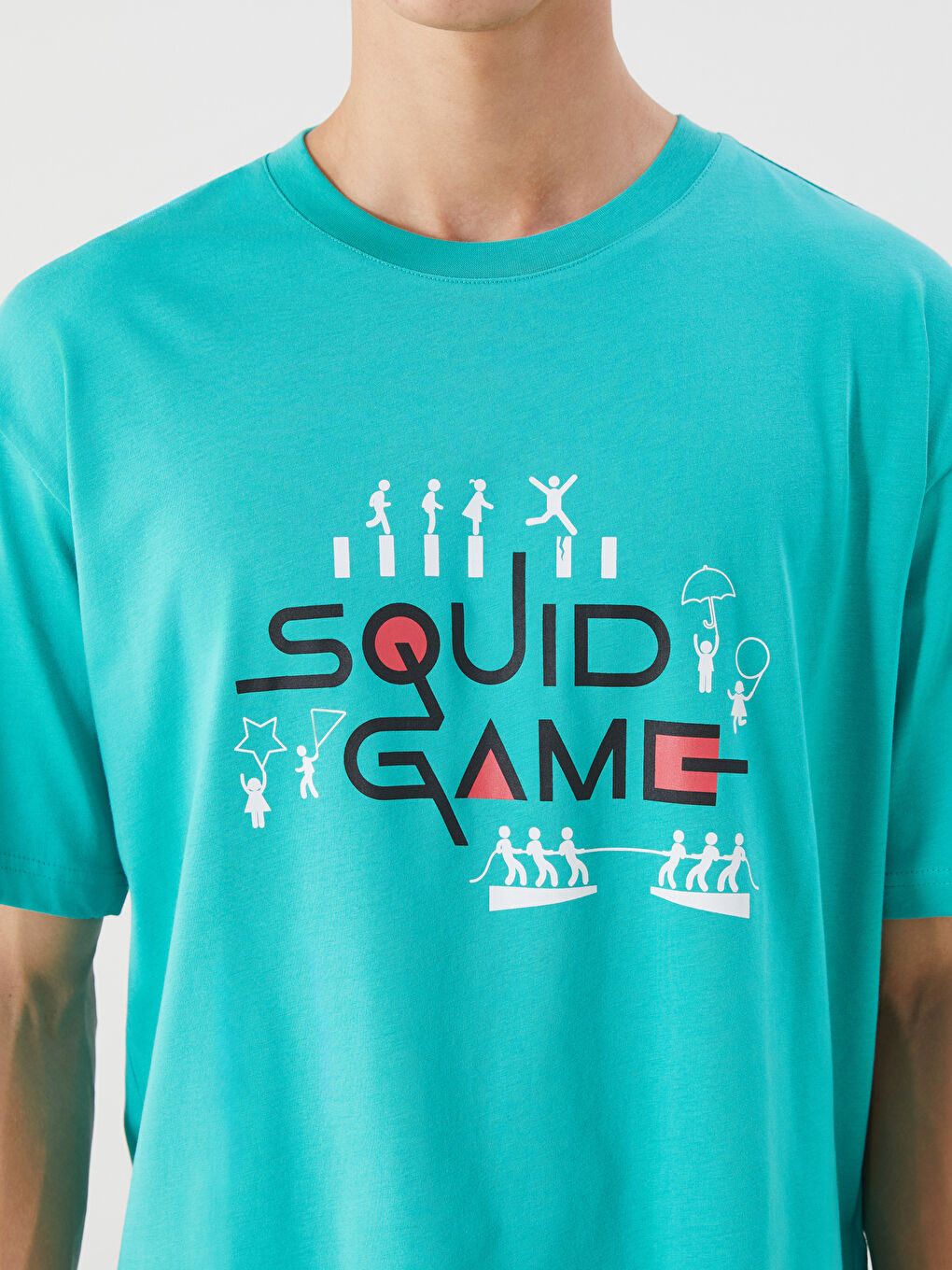 Yeşil Bisiklet Yaka Squid Game Baskılı Penye Erkek Tişört-2