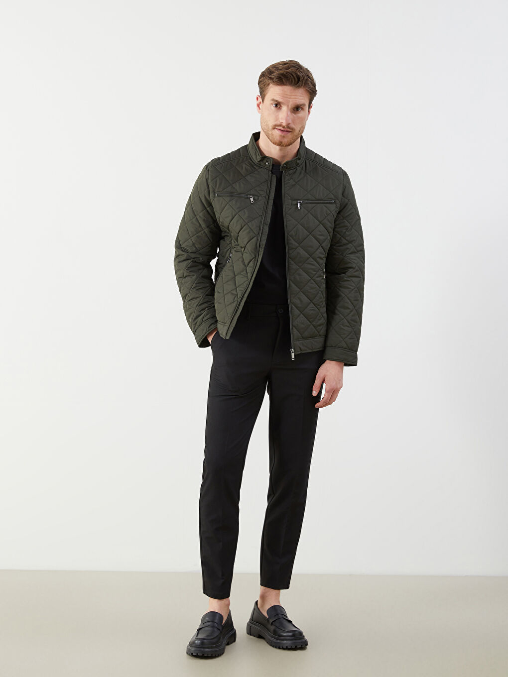 Haki Standart Kalıp Biker Yaka Erkek Mont-1