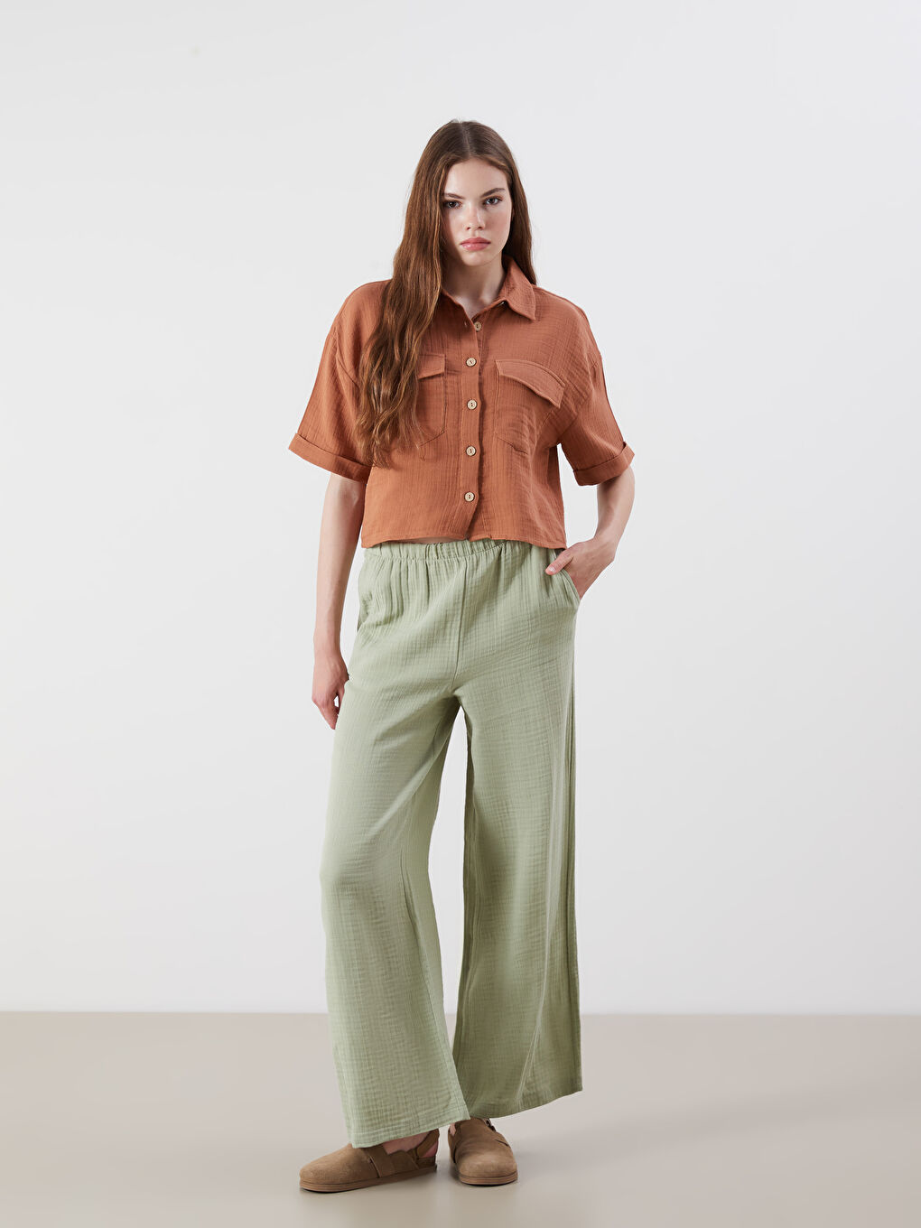 XSIDE Elasticated Waist Textured Women's Trousers -S5PP43Z8-CRR