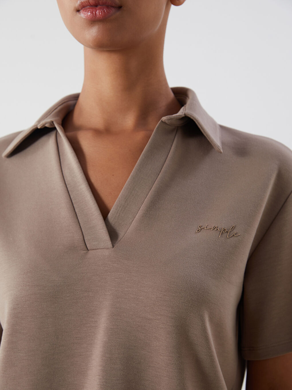 Kahverengi Polo Yaka Nakışlı Kadın Tişört-2