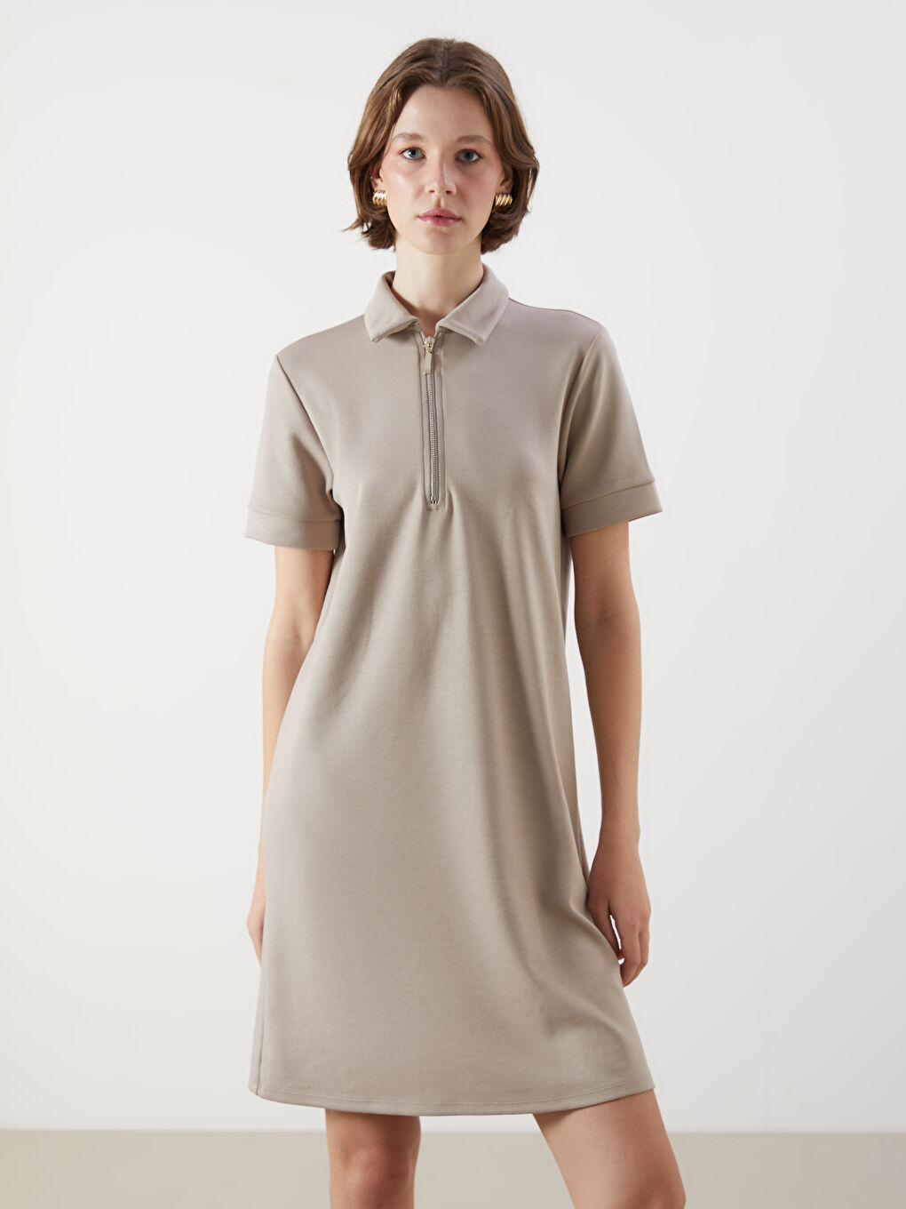 Bej Polo Yaka Mini Elbise-1