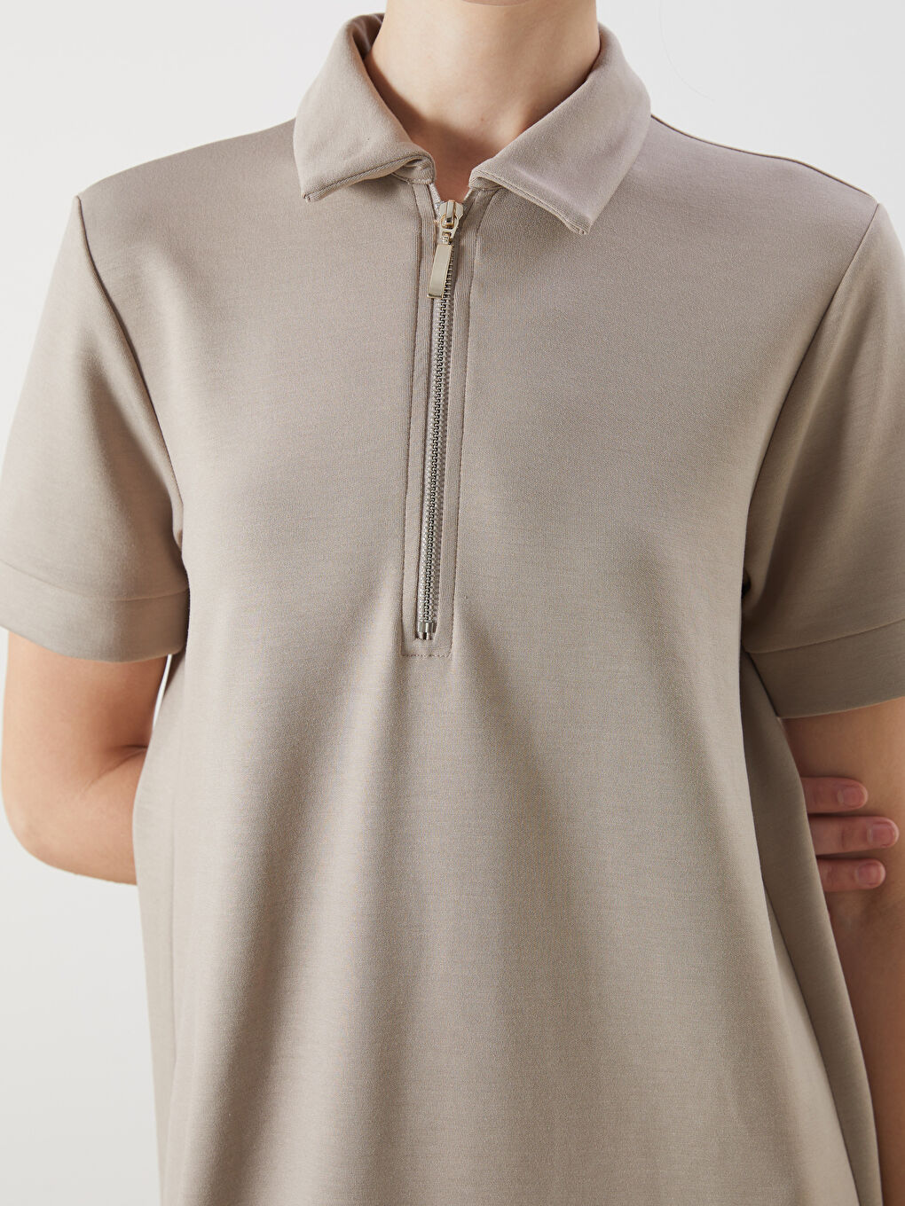 Bej Polo Yaka Mini Elbise-2