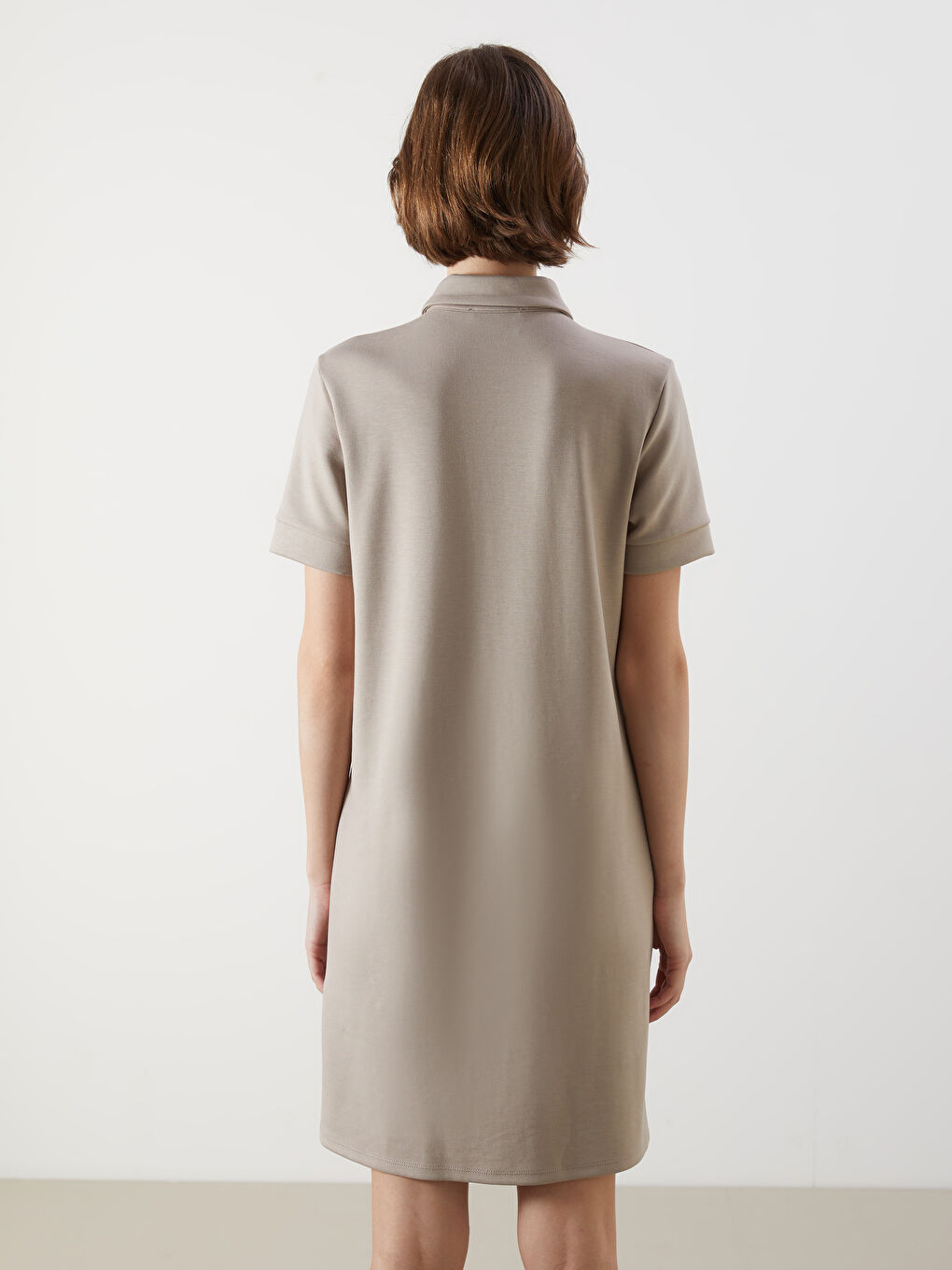Bej Polo Yaka Mini Elbise-3