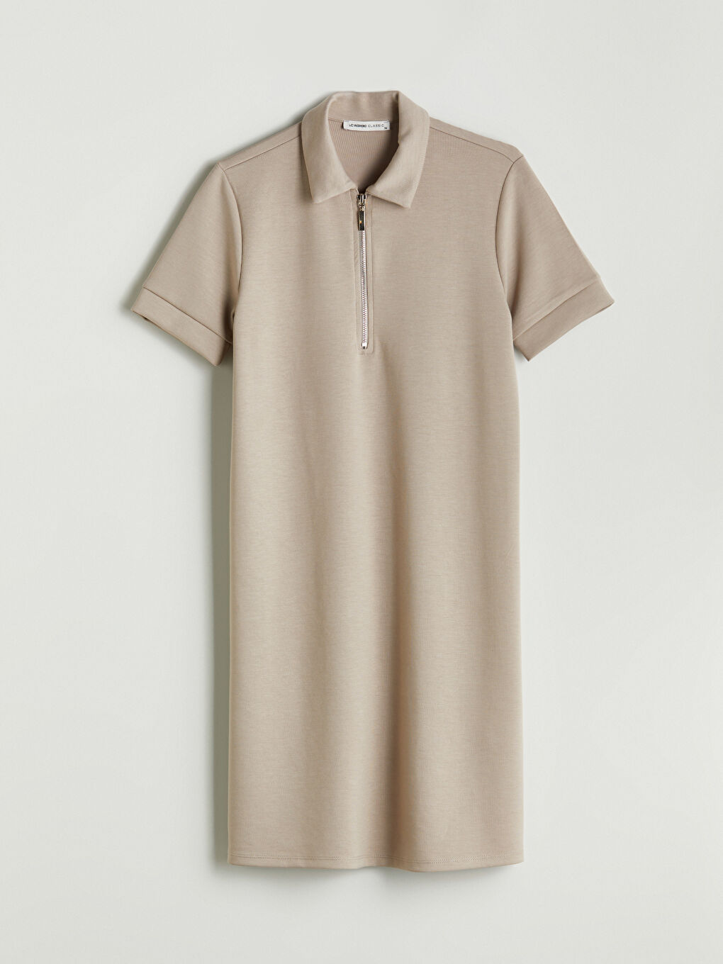 Bej Polo Yaka Mini Elbise-4