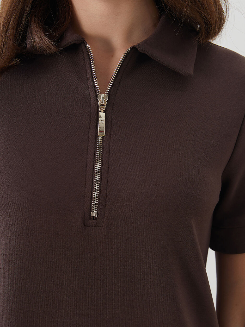 Kahverengi Polo Yaka Mini Elbise-2