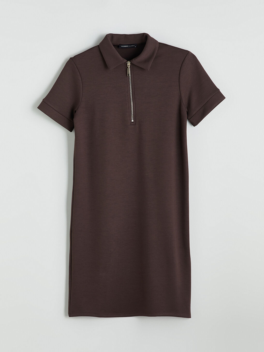 Kahverengi Polo Yaka Mini Elbise-4