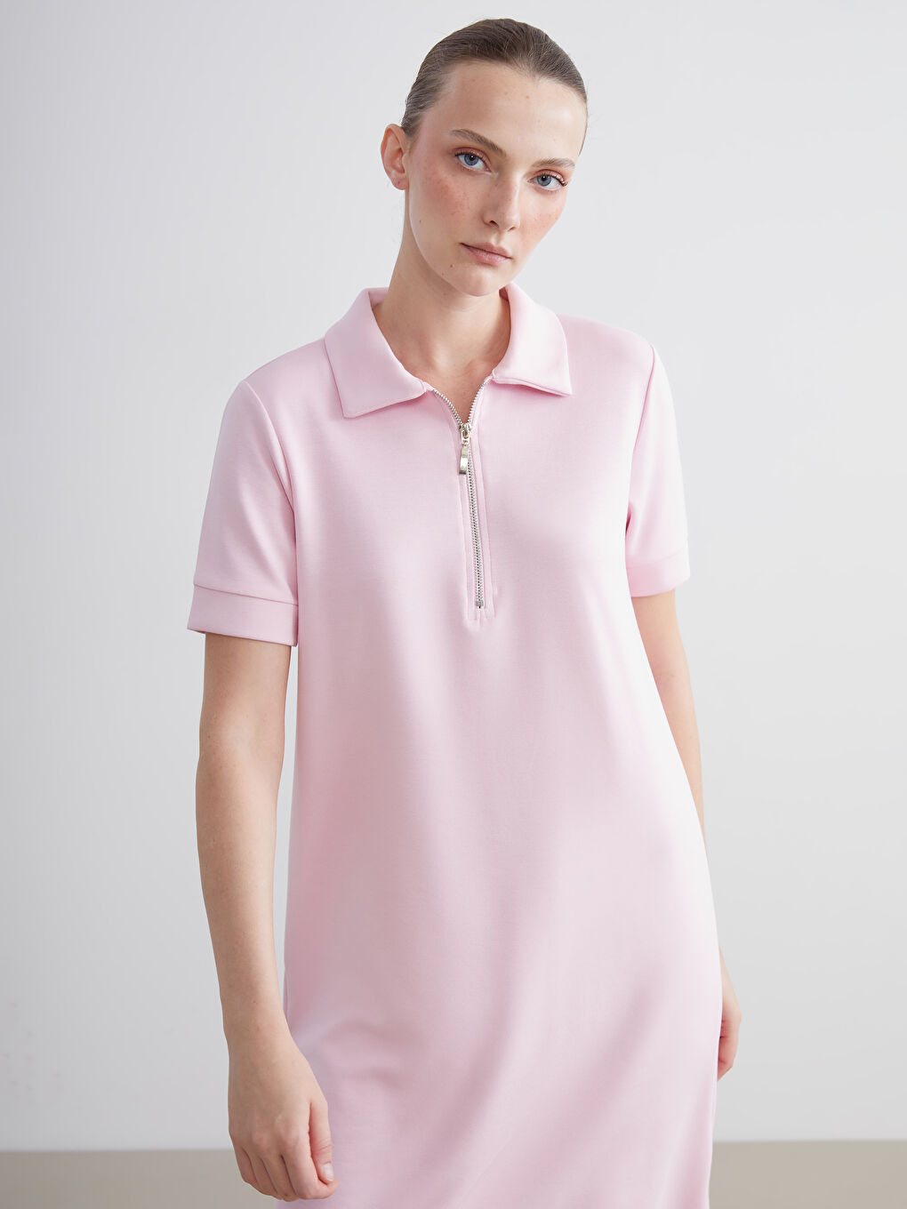 Pembe Polo Yaka Mini Elbise-1