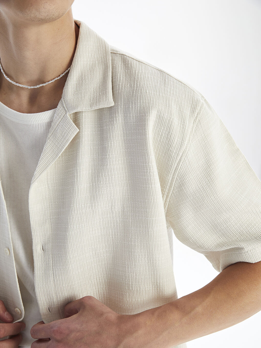 Gri Rahat Kalıp Resort Yaka Kısa Kollu Müslin Erkek Gömlek-2