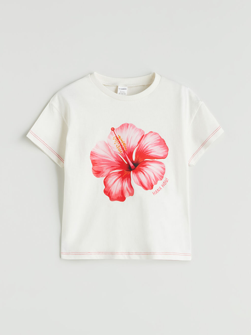 Ekru Bisiklet Yaka Çiçekli Kız Çocuk Tişört