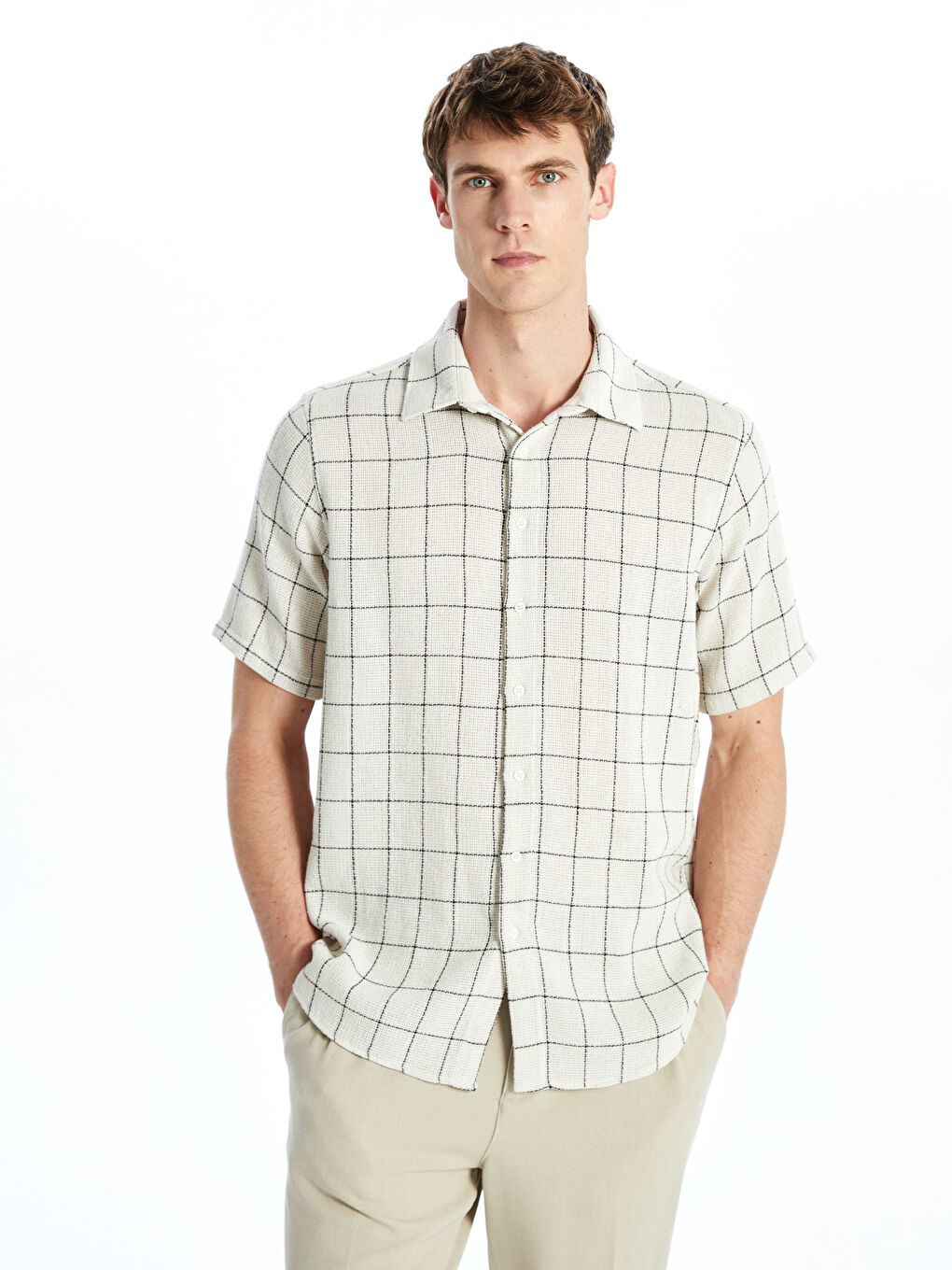 Ekru Regular Fit Kısa Kollu Ekose Erkek Gömlek