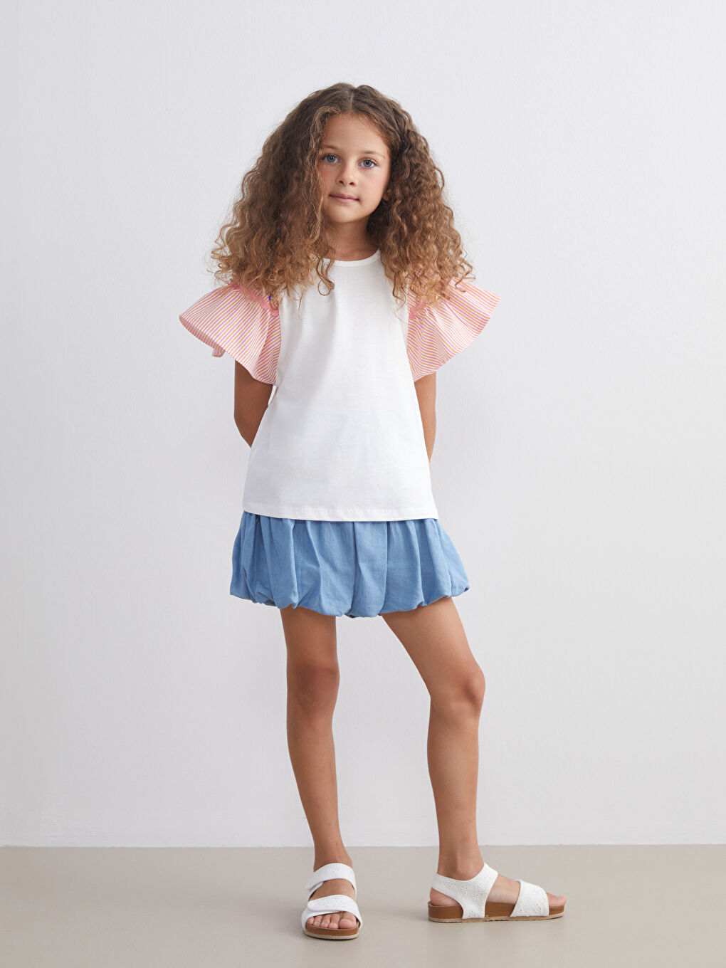 Ekru Bisiklet Yaka Kız Çocuk Tişört-1