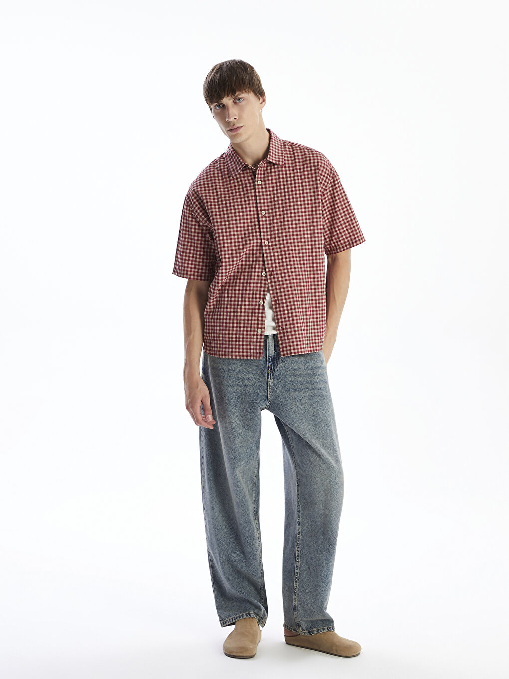 Kırmızı Rahat Kalıp Kısa Kollu Ekose Erkek Gömlek-1