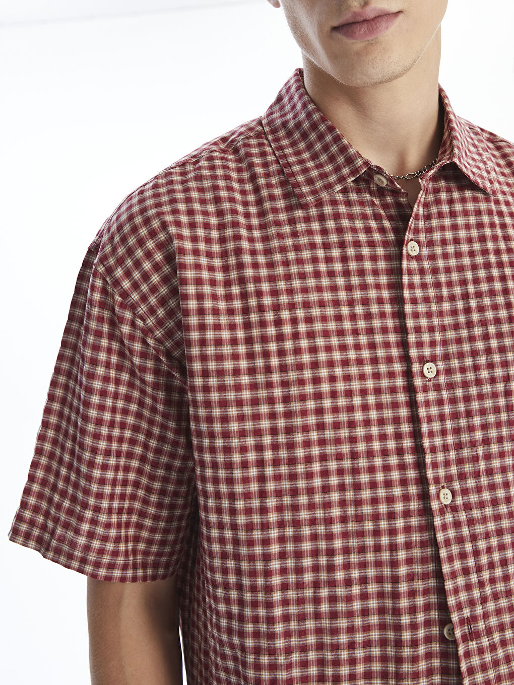 Kırmızı Rahat Kalıp Kısa Kollu Ekose Erkek Gömlek-2