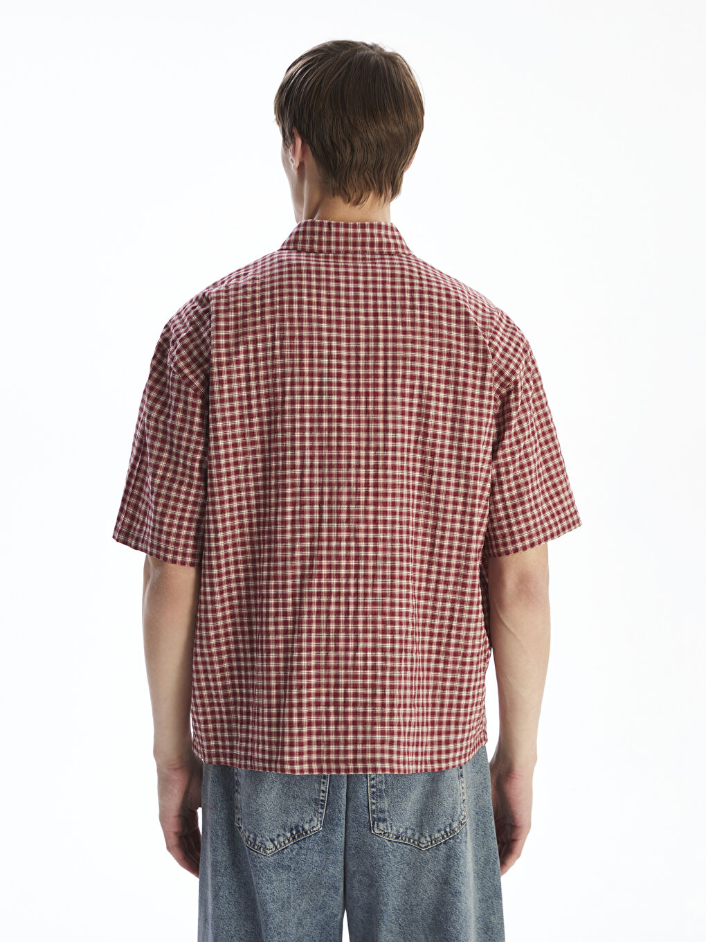 Kırmızı Rahat Kalıp Kısa Kollu Ekose Erkek Gömlek-3