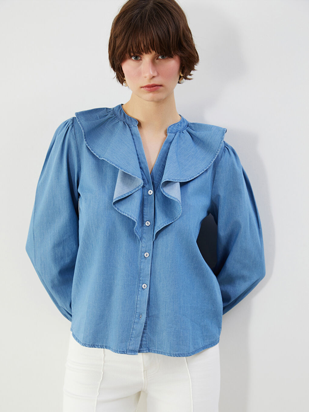 Notch Neck Women's Denim Shirt -S5PS59Z8-H45