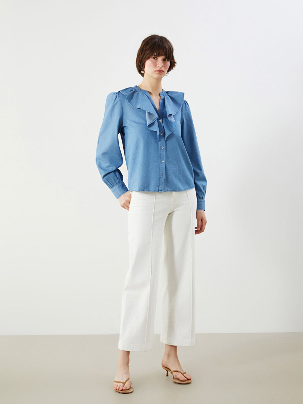 Notch Neck Women's Denim Shirt -S5PS59Z8-H45
