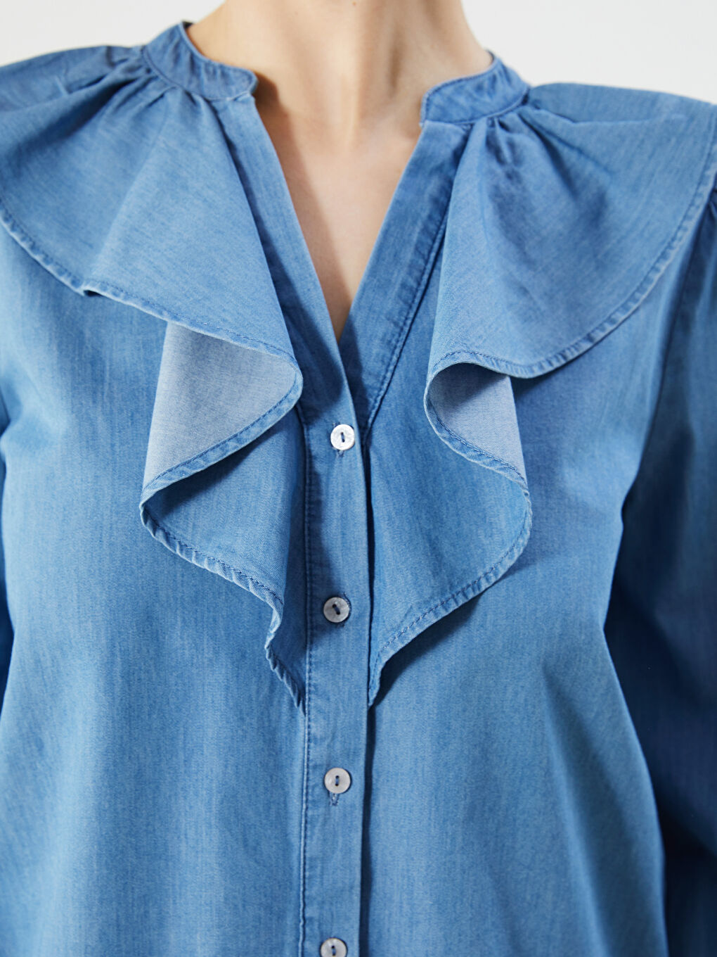 Notch Neck Women's Denim Shirt -S5PS59Z8-H45