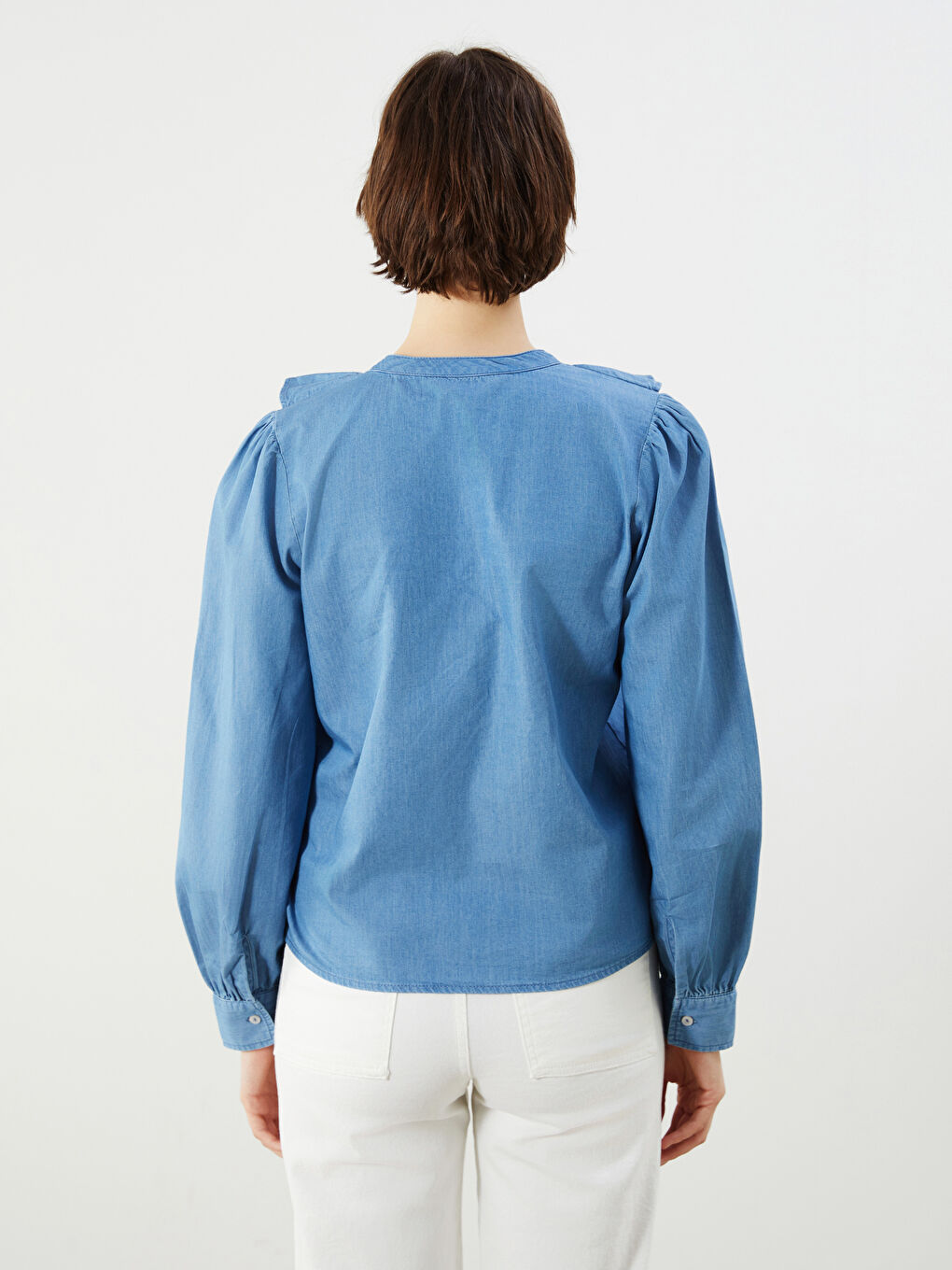 Notch Neck Women's Denim Shirt -S5PS59Z8-H45