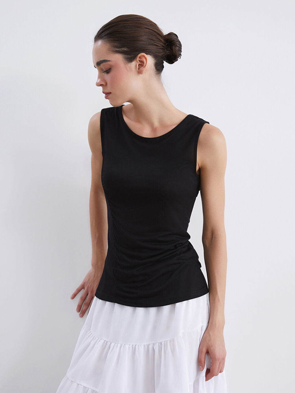 Siyah Bisiklet Yaka Büzgülü Bluz