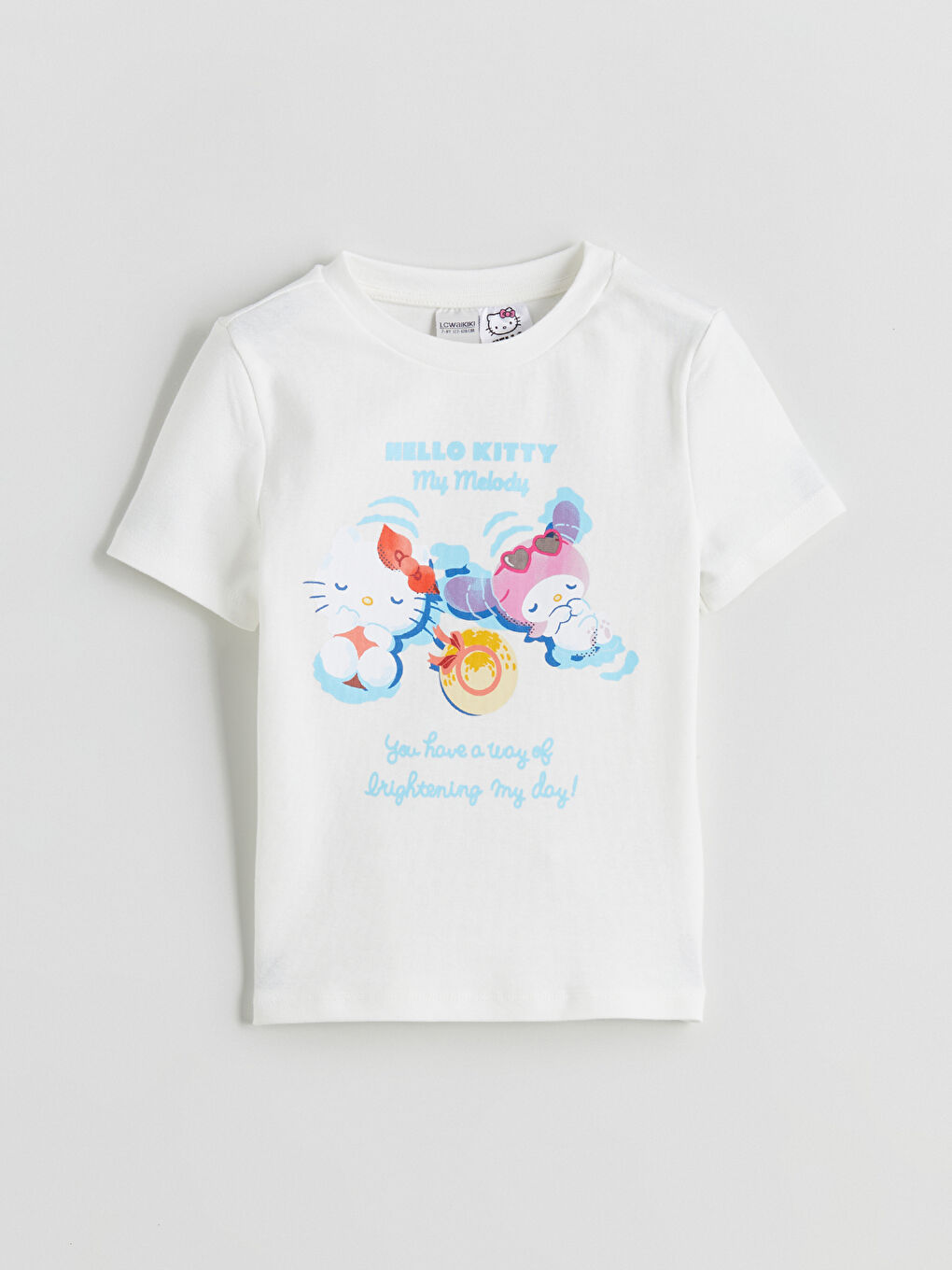 Ekru Bisiklet Yaka Hello Kitty Baskılı Kız Çocuk Tişört