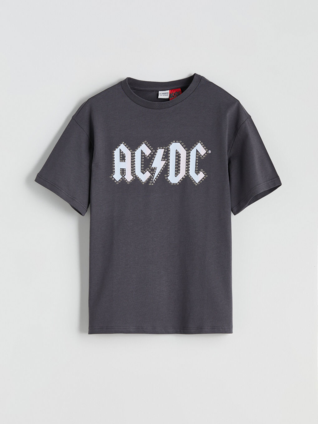 Gri Bisiklet Yaka AC/DC Baskılı Kısa Kollu Kız Çocuk Tişört