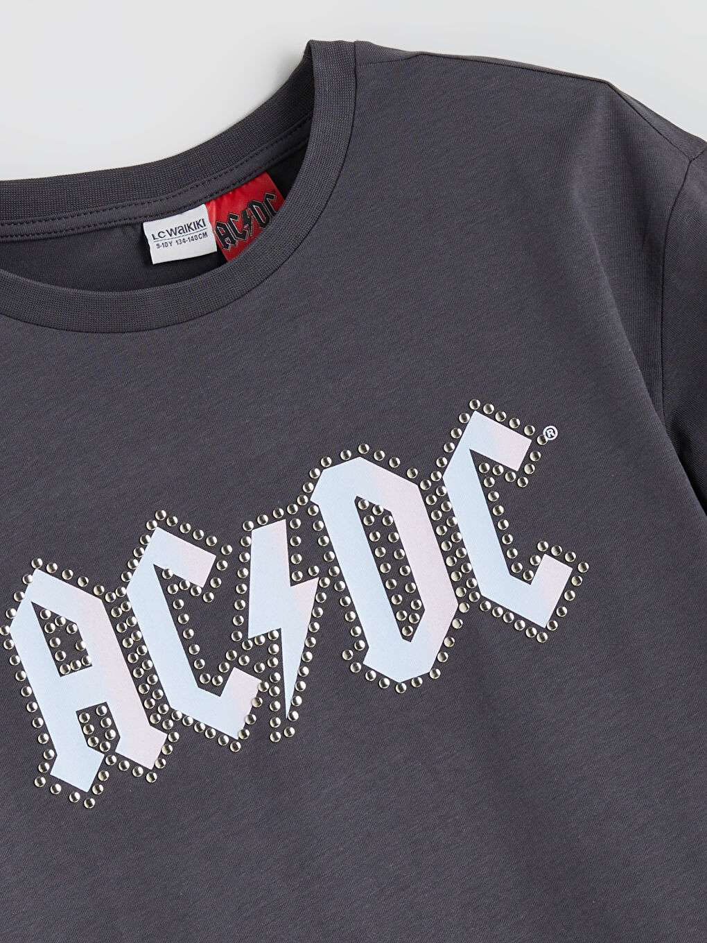 Gri Bisiklet Yaka AC/DC Baskılı Kısa Kollu Kız Çocuk Tişört-1