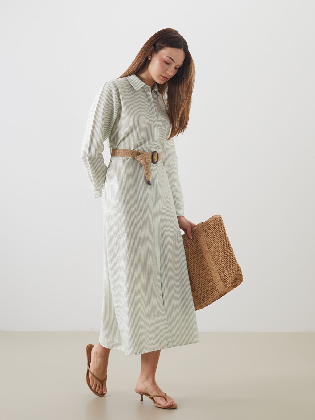 Yeşil Beli Kemerli Çizgili Gömlek Elbise-1