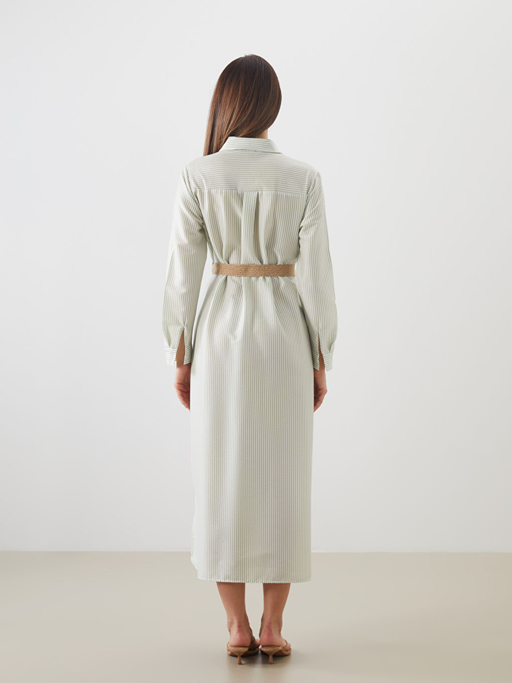 Yeşil Beli Kemerli Çizgili Gömlek Elbise-3